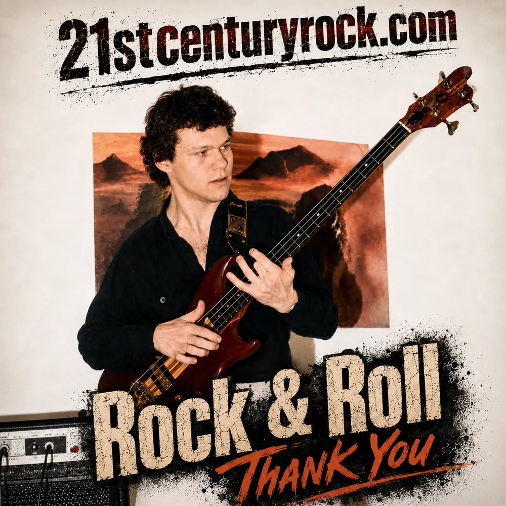 A person holding a bass guitar beside a 'Rock & Roll Thank You' message for 21st Century Rock